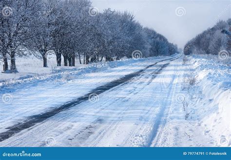 Winter Snow Covered Slippery Country Road Stock Image Image Of