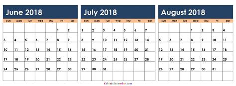 months june july august  calendar colorful printable
