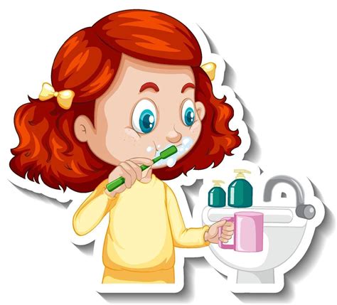 Cartoon Character Sticker With A Girl Brushing Teeth Vector Art