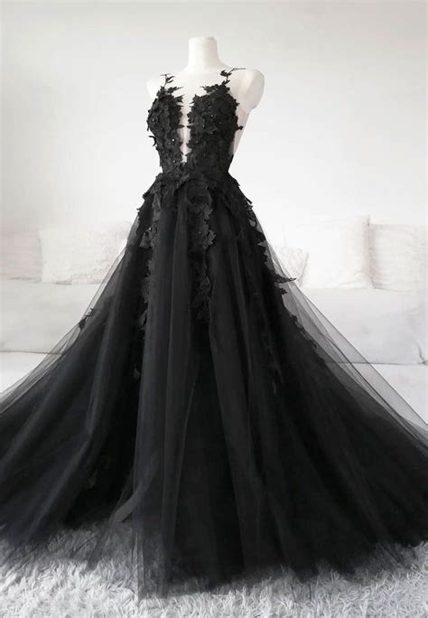 Black Lace Tulle Long Prom Gown Black Evening Dress Loveydress