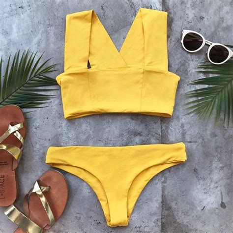 Yellow Solid Color Swimwear Solid Color Swimwear Bikinis Bandage Swimsuit