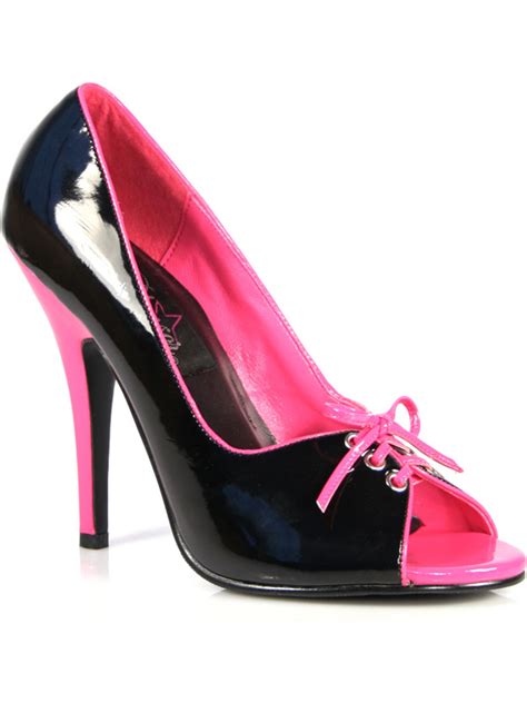 Pleaser Womens Peep Toe Pumps Lace Up Shoes Hot Pink Black Patent 5 Inch Stiletto Heels