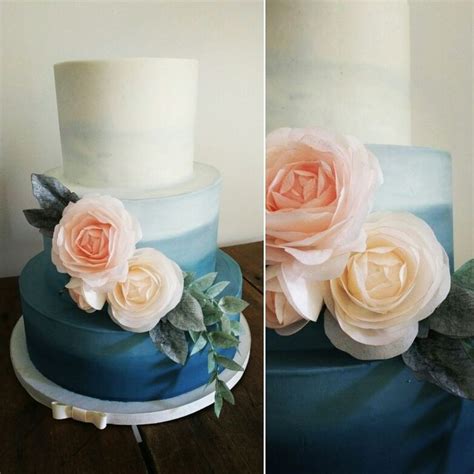 Ombre Navy Blue Wedding Cake With Blush And Peach Wafer Paper Roses Yellow Cake Co Wedding
