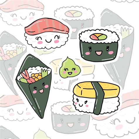 Kawaii Sushi Digital Stickers Png Printable For Digital Etsy