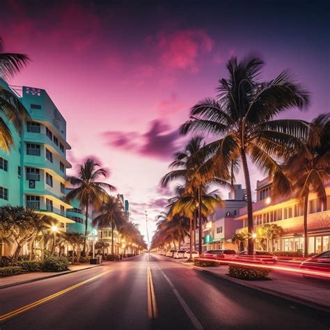 Premium Photo Miami Beach Ocean Drive Hotels And Restaurants At Sunset City Skyline
