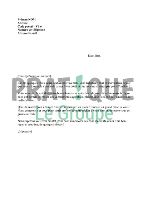 Lettre De Remerciement Pour Un Séjour Passé Chez Un Ami Pratiquefr