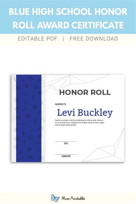 Free Printable Blue High School Honor Roll Award Certificate Template