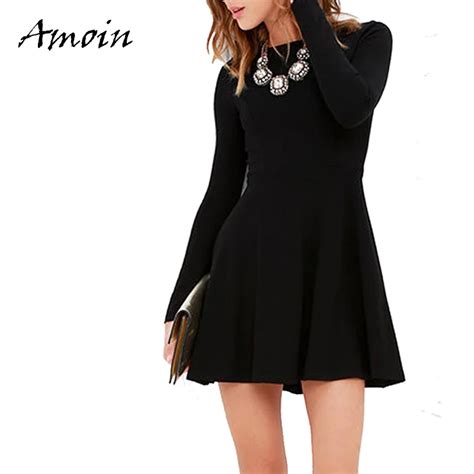 Amoin Autumn Knitting Long Sleeve Dress Women Slim Zipper Back Dresses Sex Casual Party Black O