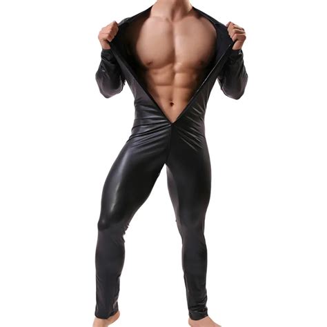 sexy mens long pants jumpsuits faux leather leotard costume gay man underwear bodysuit wrestling