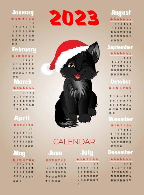 Calendario 2023 Con Gato Negro Lindo Gatito Con Sombrero De Navidad La