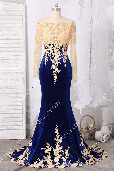 Fabulous Gold Lace Appliqued Mermaid Floor Length Ink Blue Prom Dress