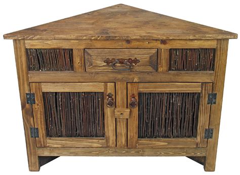 Small Rustic Wood Corner Cabinet With Twig Doors