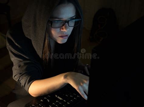 Computer Hacker Girl Stealing Information With Laptop Stock Image Image Of Games Criminal