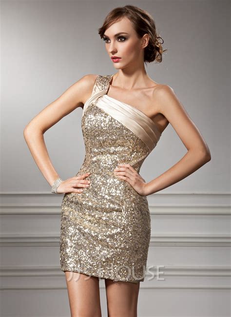 Sheath Column One Shoulder Short Mini Charmeuse Sequined Cocktail Dress With Ruffle