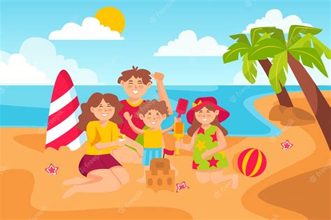 Vacaciones Familiares En La Playa Familia Joven Con Niños Felices