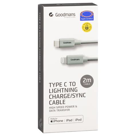 Goodmans Type C To Lightning Charge And Sync Cable 2m Grey Bandm