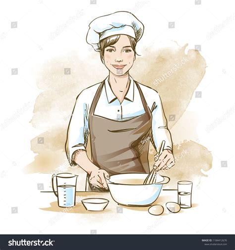 Smiling And Happy Female Chef Woman Chef Is Cooking With Whisk Hand Drawn Vector Illustration