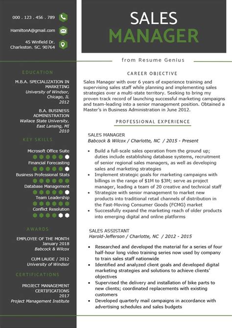 This sales manager resume or cv template lists work experience in chronological order in an elegant format. Sales Manager Resume Sample & Writing Tips (With images ...
