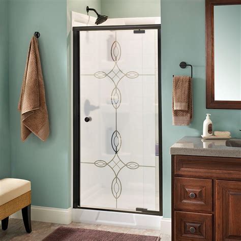 delta silverton 36 in x 66 in semi frameless pivot shower door in bronze with tranquility