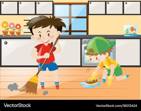Two Boys Cleaning The Kitchen At Home Royalty Free Vector
