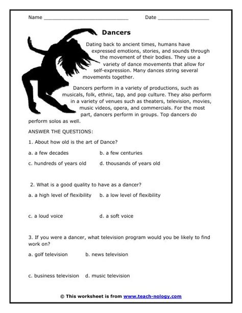 dancers reading worksheet reading comprehension question answer