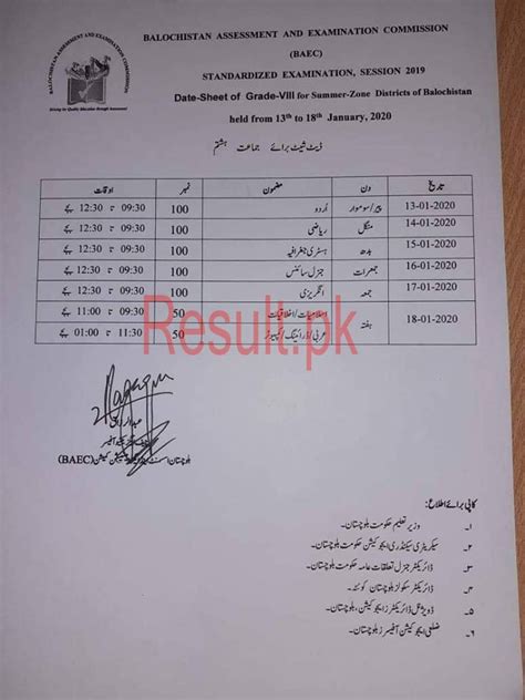 Baec 8th Class Date Sheet 2023 Grade 8 Middle Eighth Balochistan