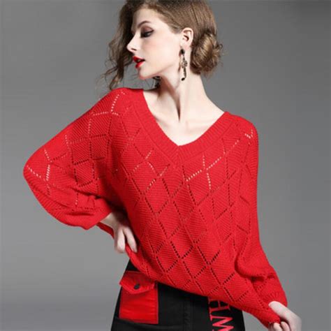 New Sweaters Women Fashion Red Pullover Latern Sleeve Loose Sweater