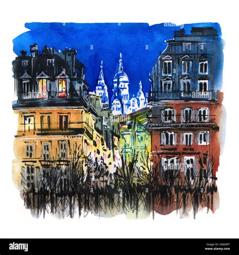 dibujo de acuarela de noche calle parisina parís francia fotografía de stock alamy