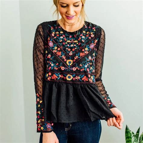 Womens Blouses Black Chiffon Floral Embroidered Women Top 2017 Long