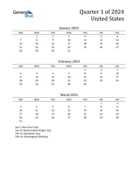Q1 2024 Quarterly Calendar With United States Holidays