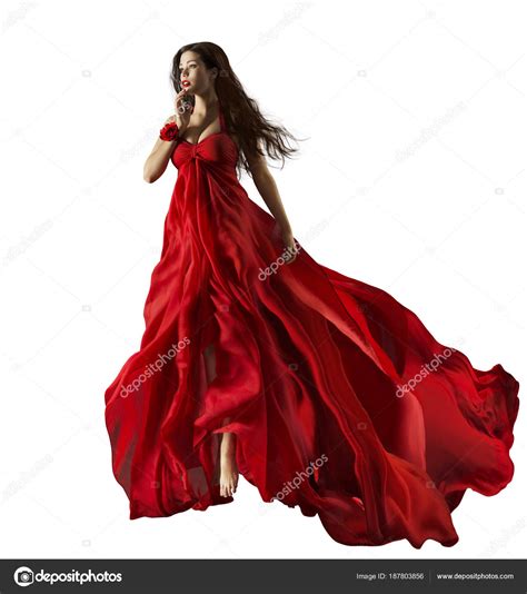 Fashion Model In Red Dress Beautiful Woman Portrait Waving Gown