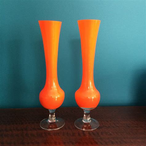 Vintage Pair Of Orange Mid Century Glass Vases By Poplineshop On Etsy