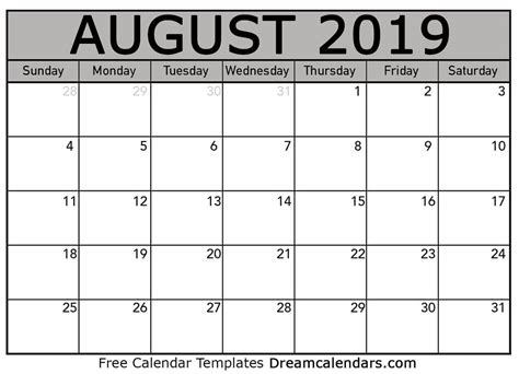 August 2019 Calendar Free Blank Printable With Holidays