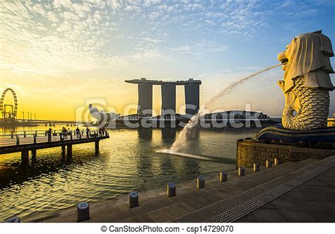 Singapore Landmark Merlion With Sunrise Canstock