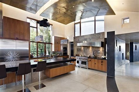 High Ceiling Contemporary Kitchen With Wooden Furnishings Decoist