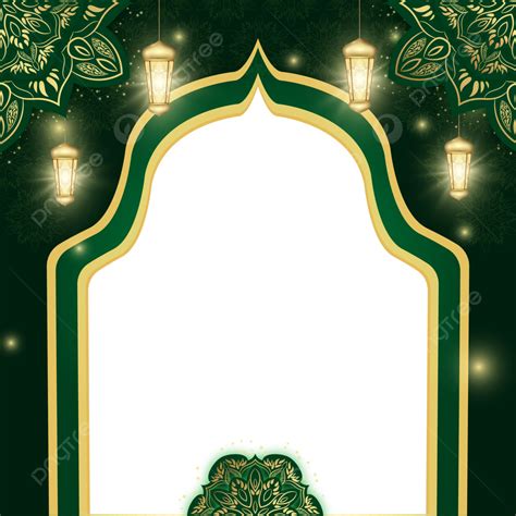 Gambar Gerbang Islamic Hijau Dengan Hiasan Emas Dan Lentera Kuning