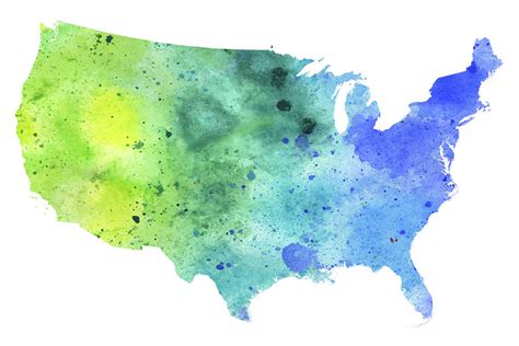 Map Of The United States With Watercolor Texture In Blue And Green