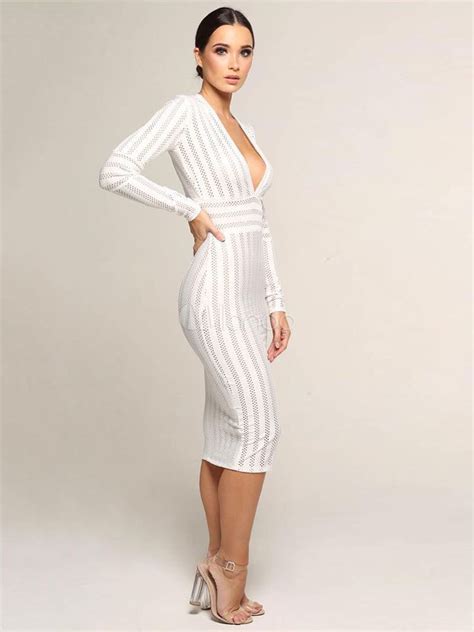 White Party Dress Long Sleeve Bodycon Dress Plunging Shaping Sexy Midi