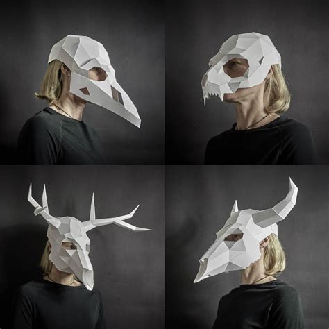 Animal Skull Mask Papercraft Set Crow Cat Bull Stag Low Etsy Animal
