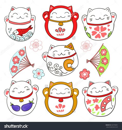 Stock Vector Set With Cute Cats Good Luck Charms Maneki Neko Vector