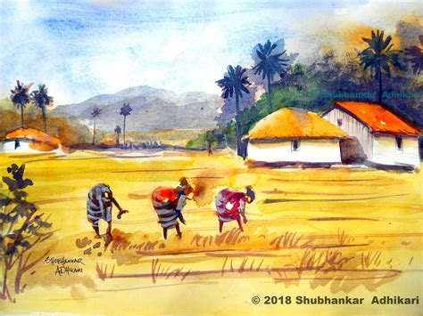 Artworks By Shubhankar Adhikari Indian Village Scene In Watercolor
