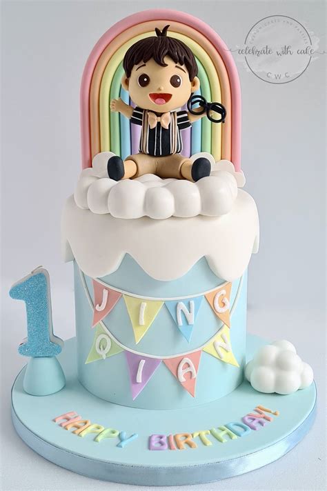 Boy With Rainbow 1st Birthday Single Tier Cake