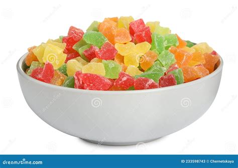 Mix Of Delicious Candied Fruits In Bowl Isolated On White Stock Image