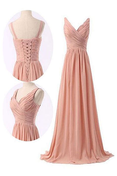 Simple V Neck A Line Peach Long Chiffon Bridesmaid Dress With Ruffles