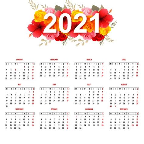 Free Vector Beautiful 2021 Calendar With Colorful Flowers