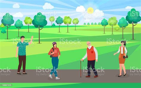 People Walk In City Park Old Man Girl With Backpack Man And Woman Green Trees Clear Sky Spring