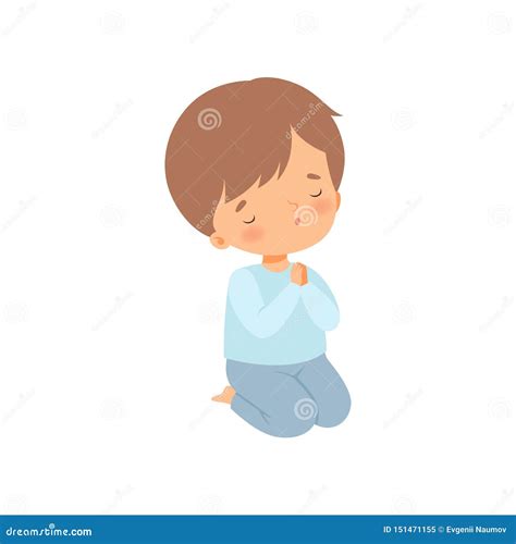 Little Kid Kneeling Beside His Bed And Praying With Folded Hands Vector