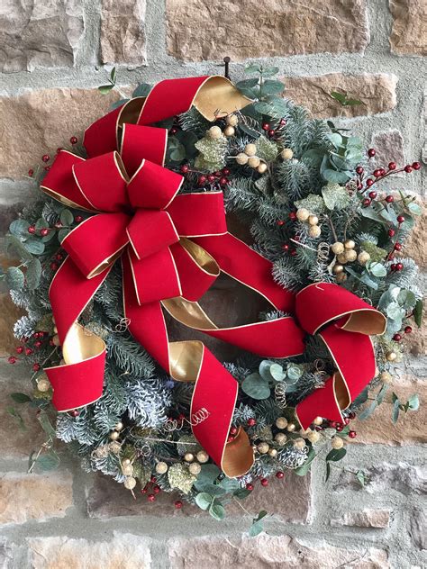 Light Up Christmas Wreath For Front Door Red Velvet Bow Etsy
