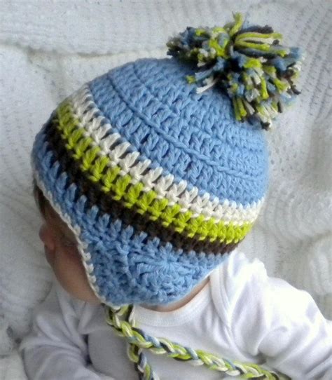 Crochet Baby Ear Flap Hat With Tassels Baby Boy Blue Etsy