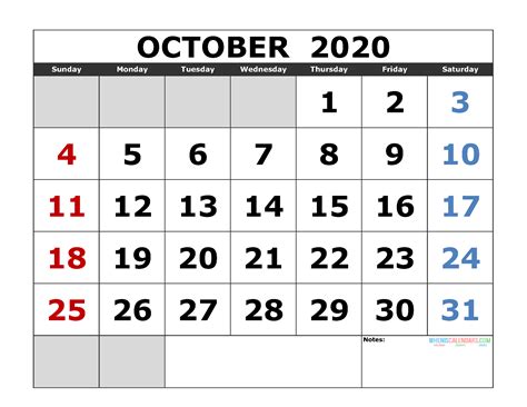 October 2020 Printable Calendar Template Excel Pdf Image Us Edition